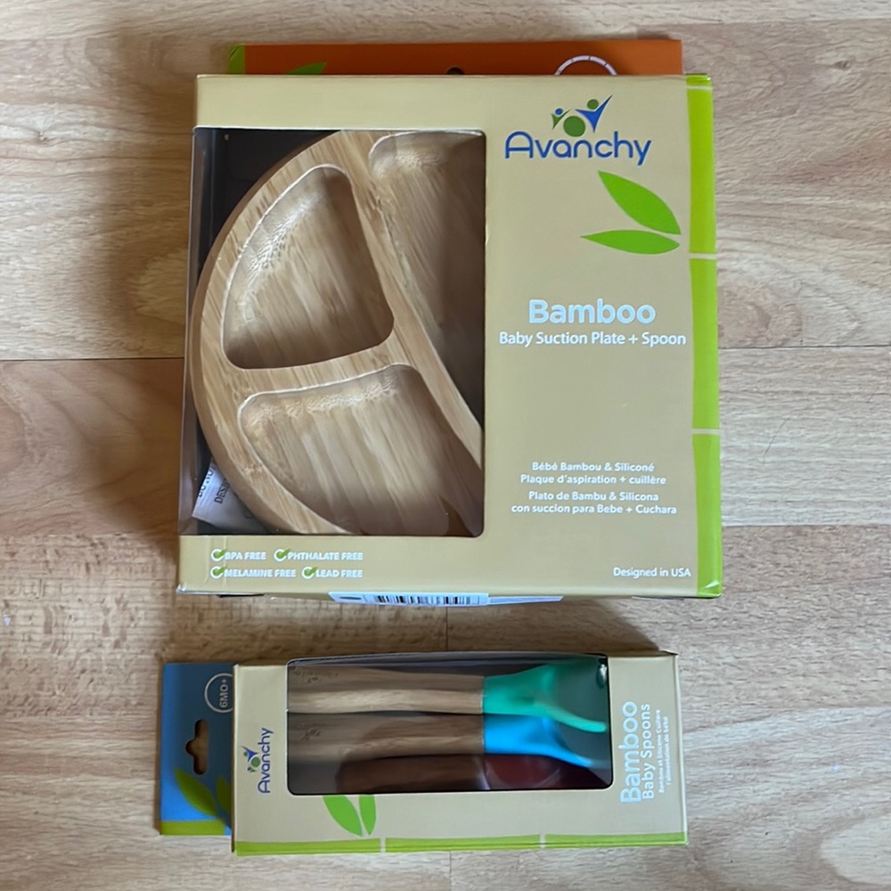 NEW Avanchy bundle: bamboo baby suction plate + spoon AND 3 spoons